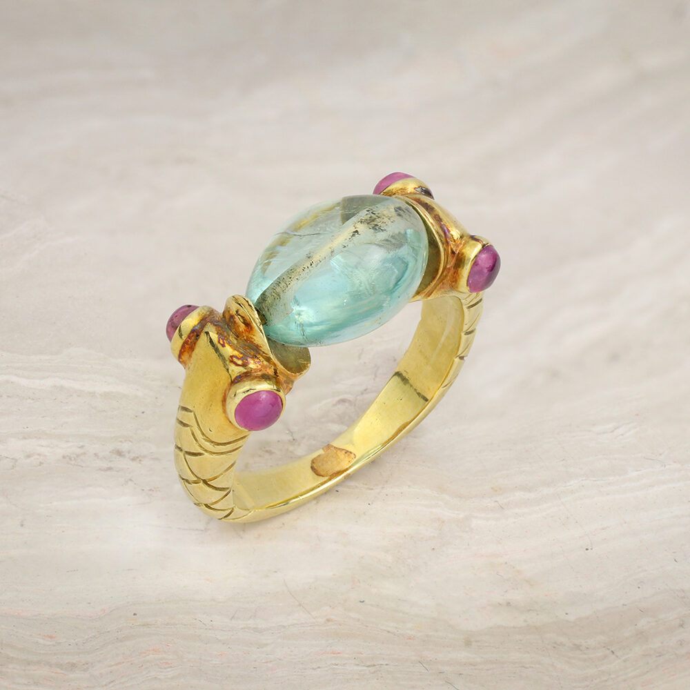 Aquamarine Bead and Sculpted Gold Twin Snake Ring