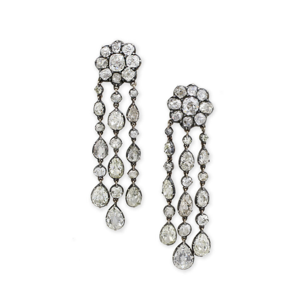 Floral Diamond Set Silver Topped Gold Ear Pendants