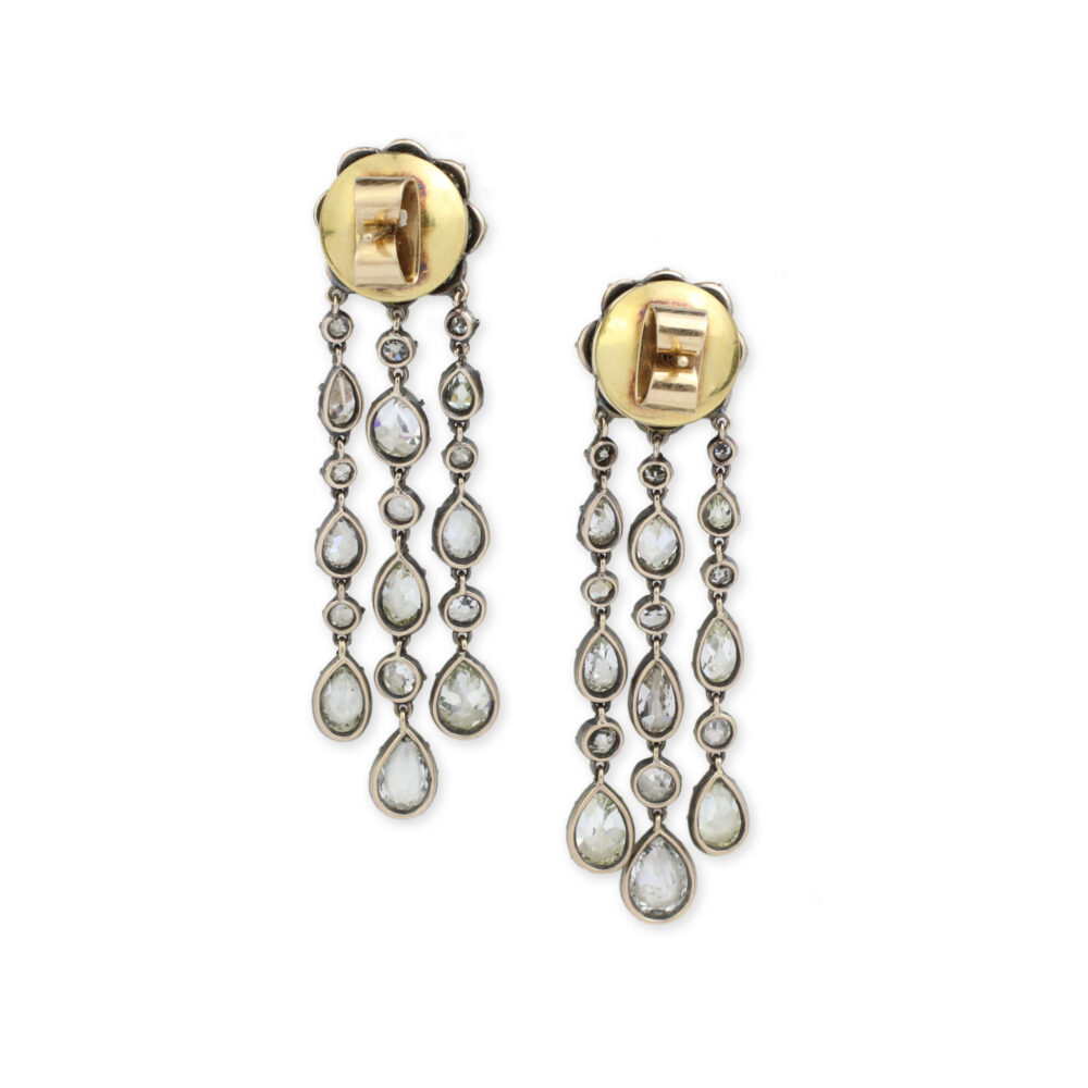 Floral Diamond Set Silver Topped Gold Ear Pendants