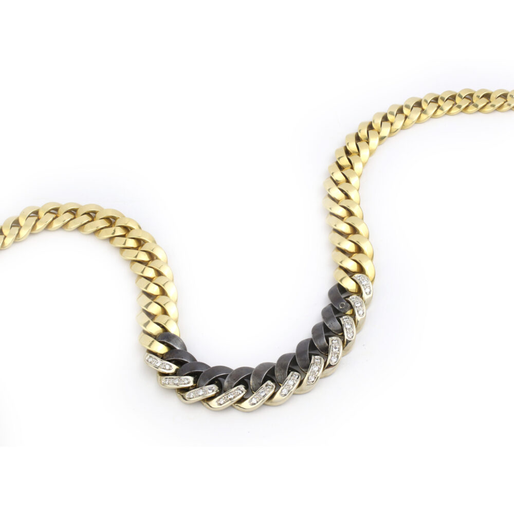 Bulgari Diamond Set Blackened Steel and Gold Chain Necklace