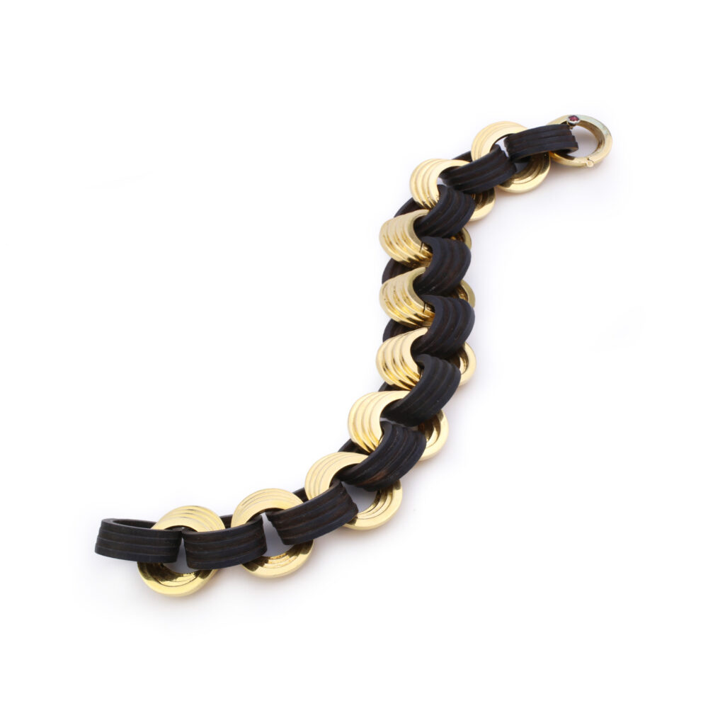 French Mid Century Gold And Wood Chain Bracelet