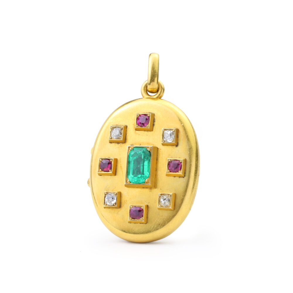 Antique Emerald, Ruby and Diamond Locket Pendant