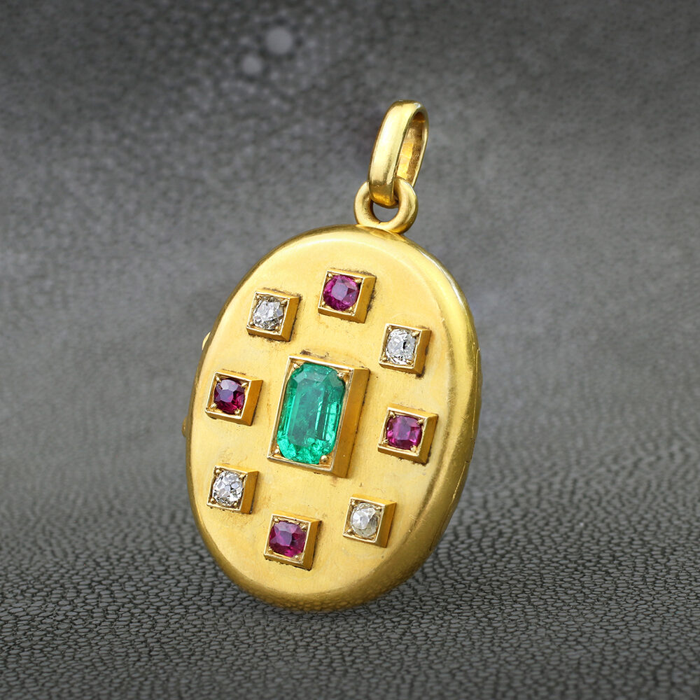 Antique Emerald, Ruby and Diamond Locket Pendant