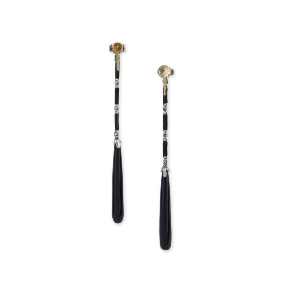 Art Deco Onyx, Black Enamel and Diamond Ear Pendants