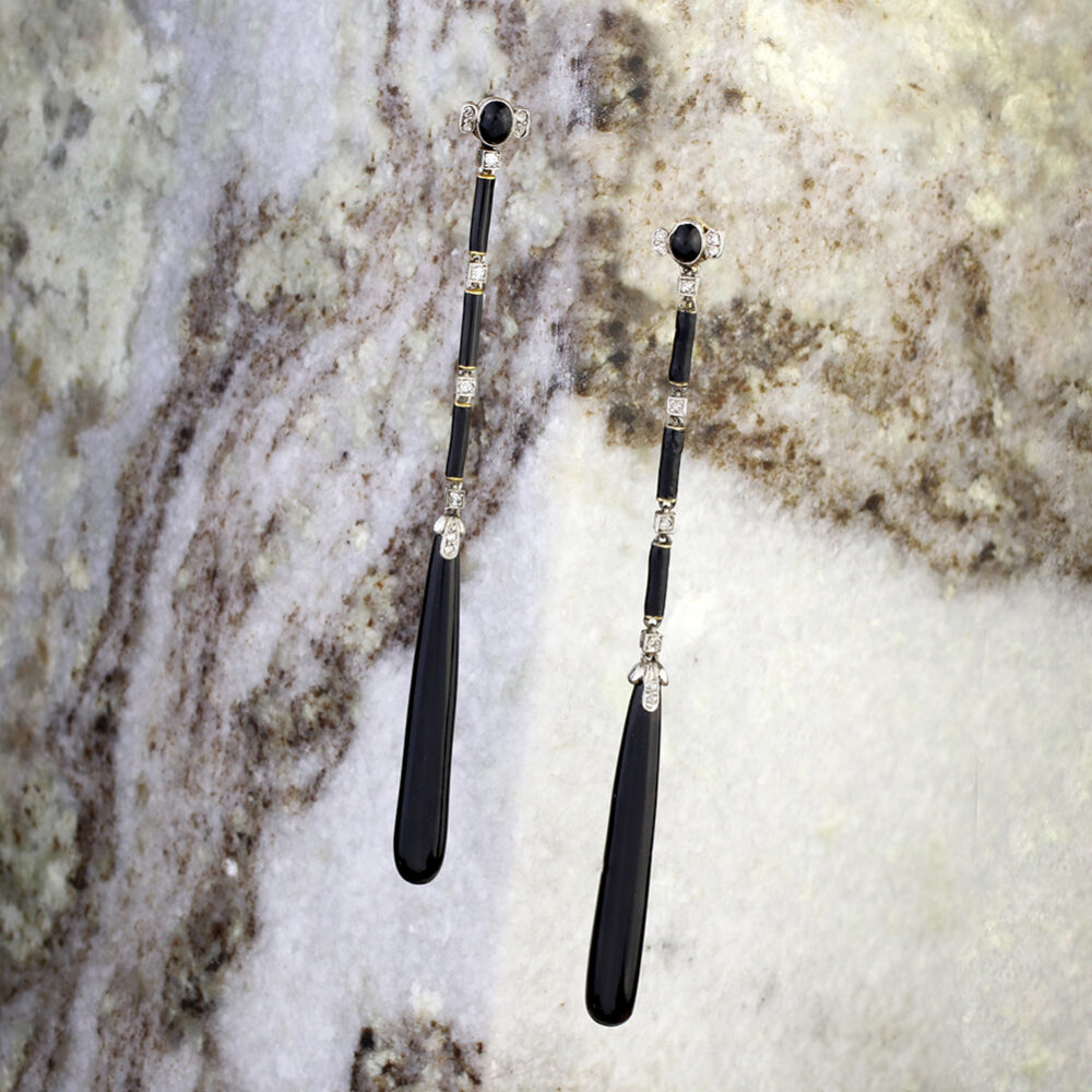 Art Deco Onyx, Black Enamel and Diamond Ear Pendants