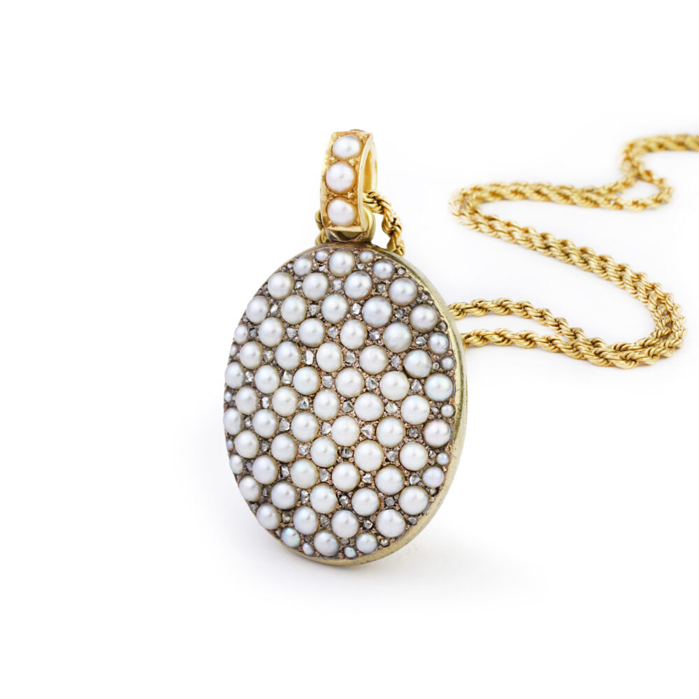 Antique Pearl and Diamond Set Oval Locket Pendant Necklace