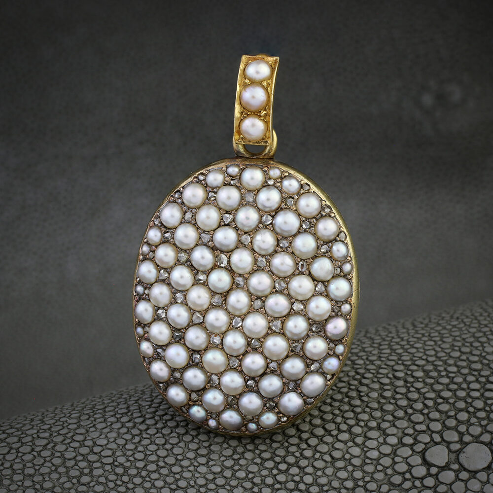 Antique Pearl and Diamond Set Oval Locket Pendant Necklace