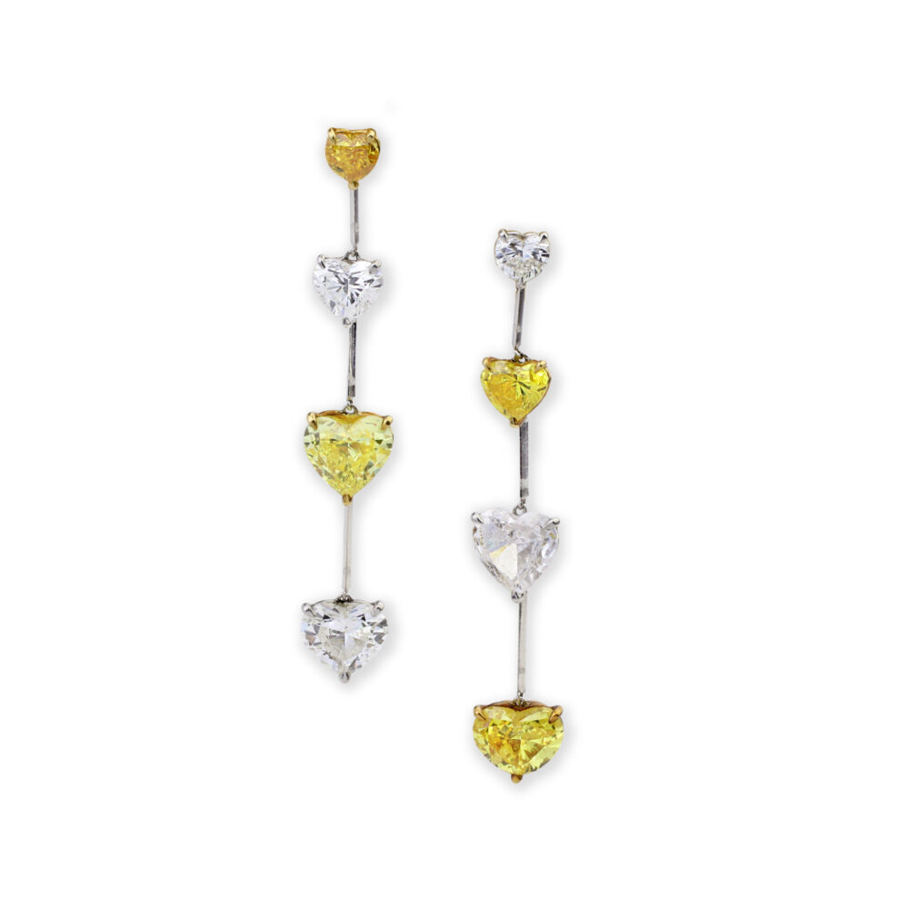 Diamond and Colored Diamond Heart-shaped Ear Pendants, contemporary