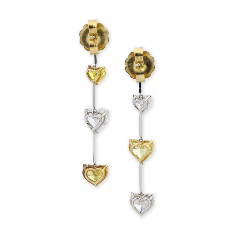 Diamond and Colored Diamond Heart-shaped Ear Pendants, contemporary