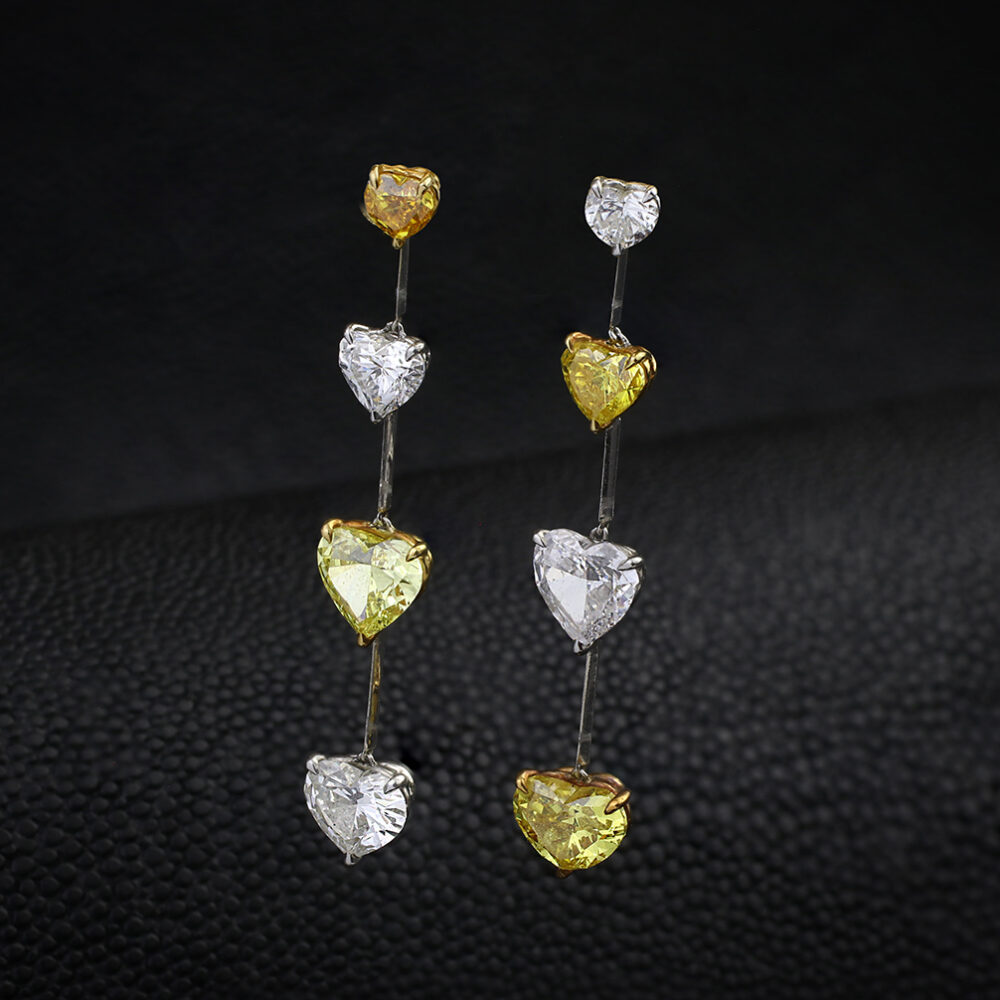 Diamond and Colored Diamond Heart-shaped Ear Pendants, contemporary