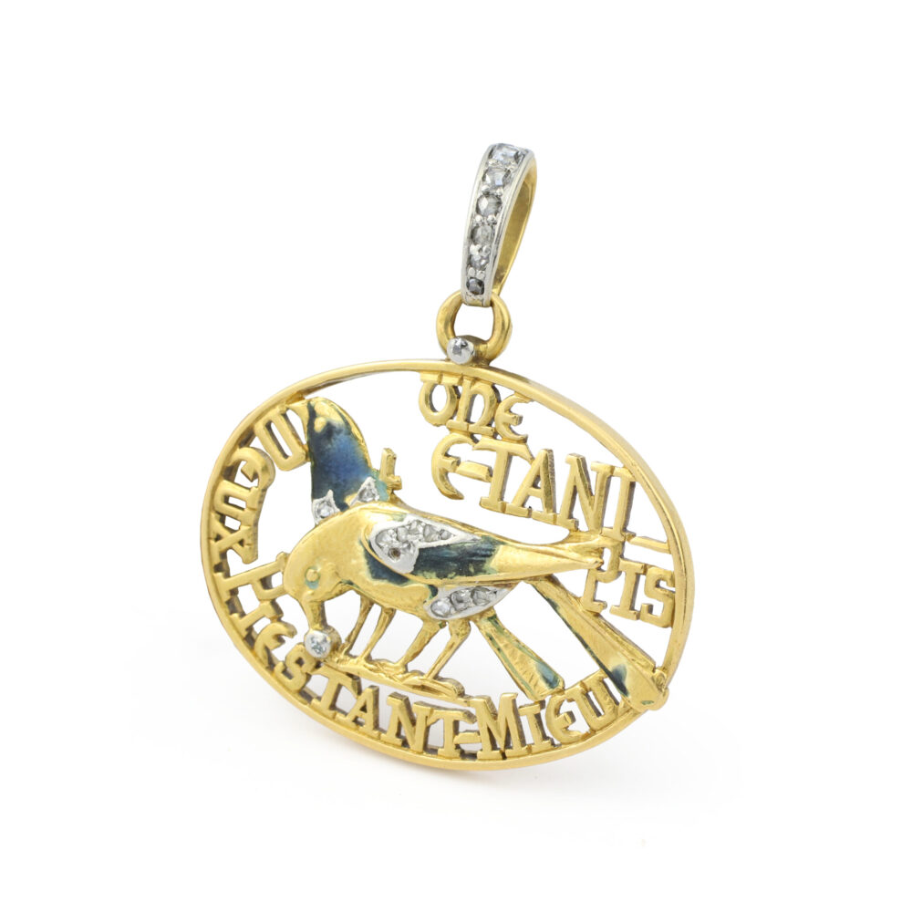 Antique "Une pie tant pis deux pies tant mieux" Diamond, enamel and Gold Charm