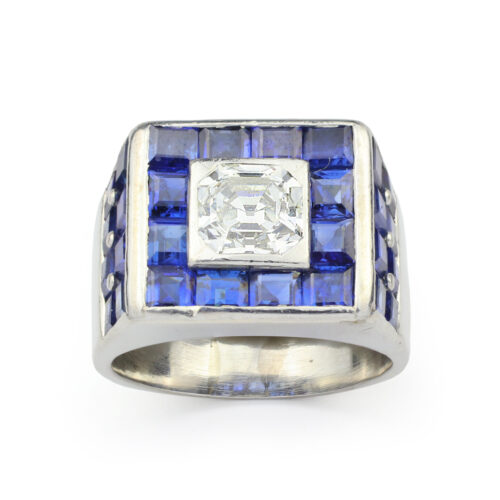 Antique Square Step Cut Diamond and Sapphire Ring