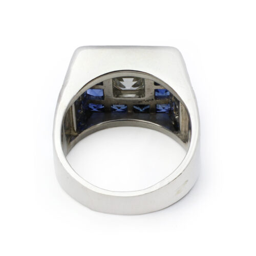 Antique Square Step Cut Diamond and Sapphire Ring