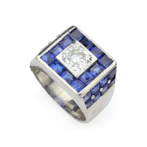 Antique Square Step Cut Diamond and Sapphire Ring