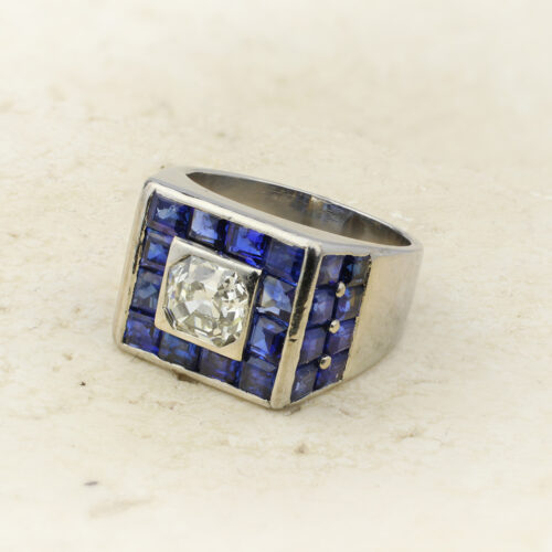 Antique Square Step Cut Diamond and Sapphire Ring