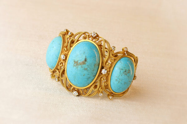 Antique Turquoise, Diamond and Gold Bangle Bracelet