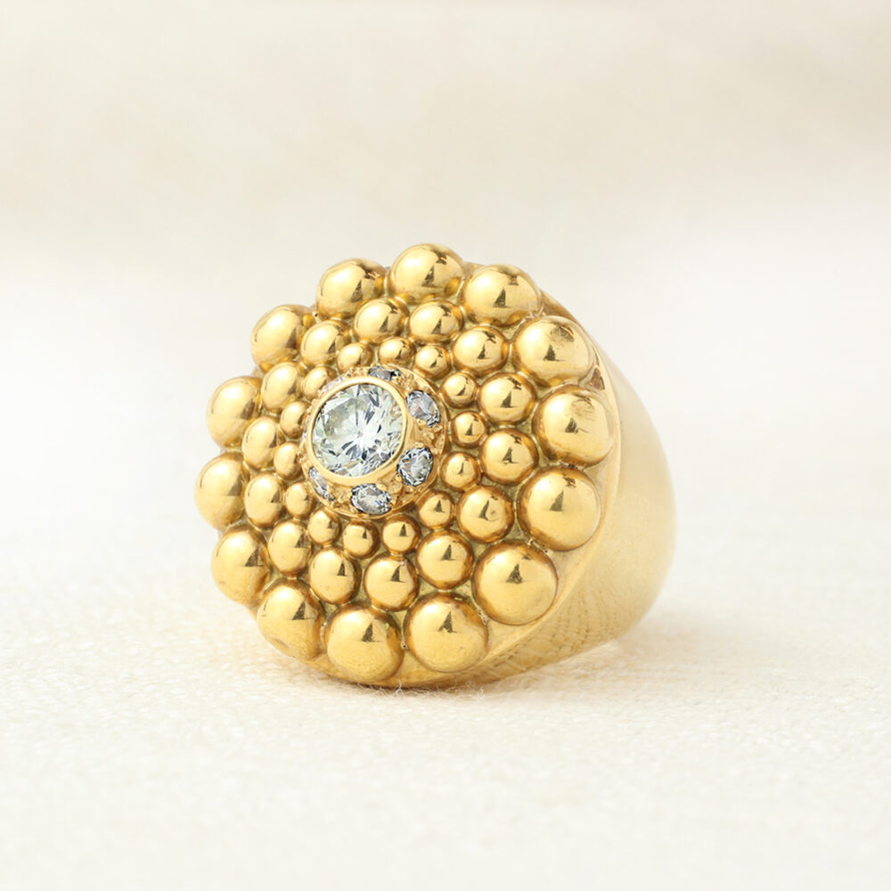 Mid-Century Diamond and Sculpted Gold Cocktail Ring