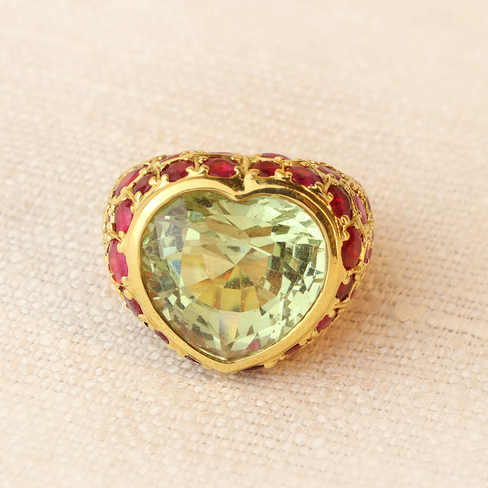 Belperron Heart Shaped Green Beryl and Ruby Ring