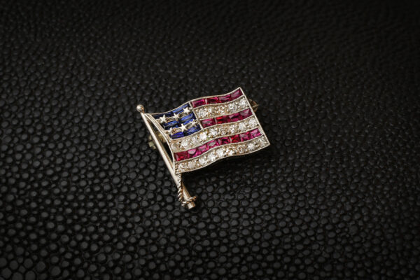 Mid Century ‘American Flag’ Diamond, Sapphire and Ruby Brooch