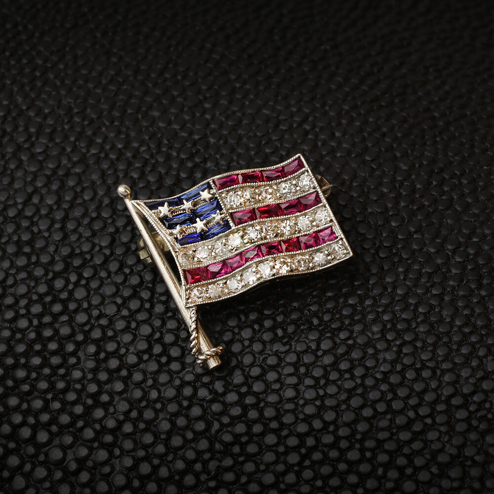 Mid Century 'American Flag' Diamond, Sapphire and Ruby Brooch