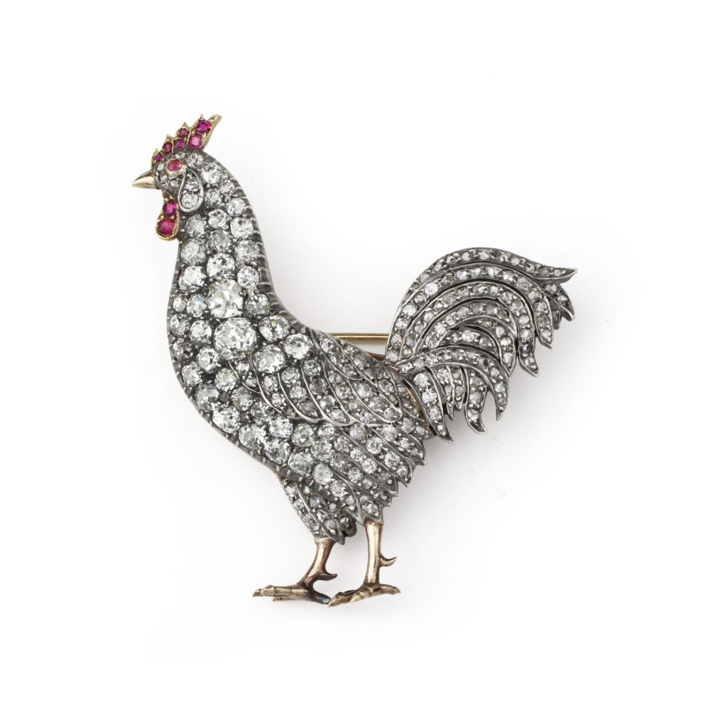 Antique Cockerel Diamond and Ruby Set Brooch