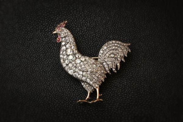 Antique Cockerel Diamond and Ruby Set Brooch