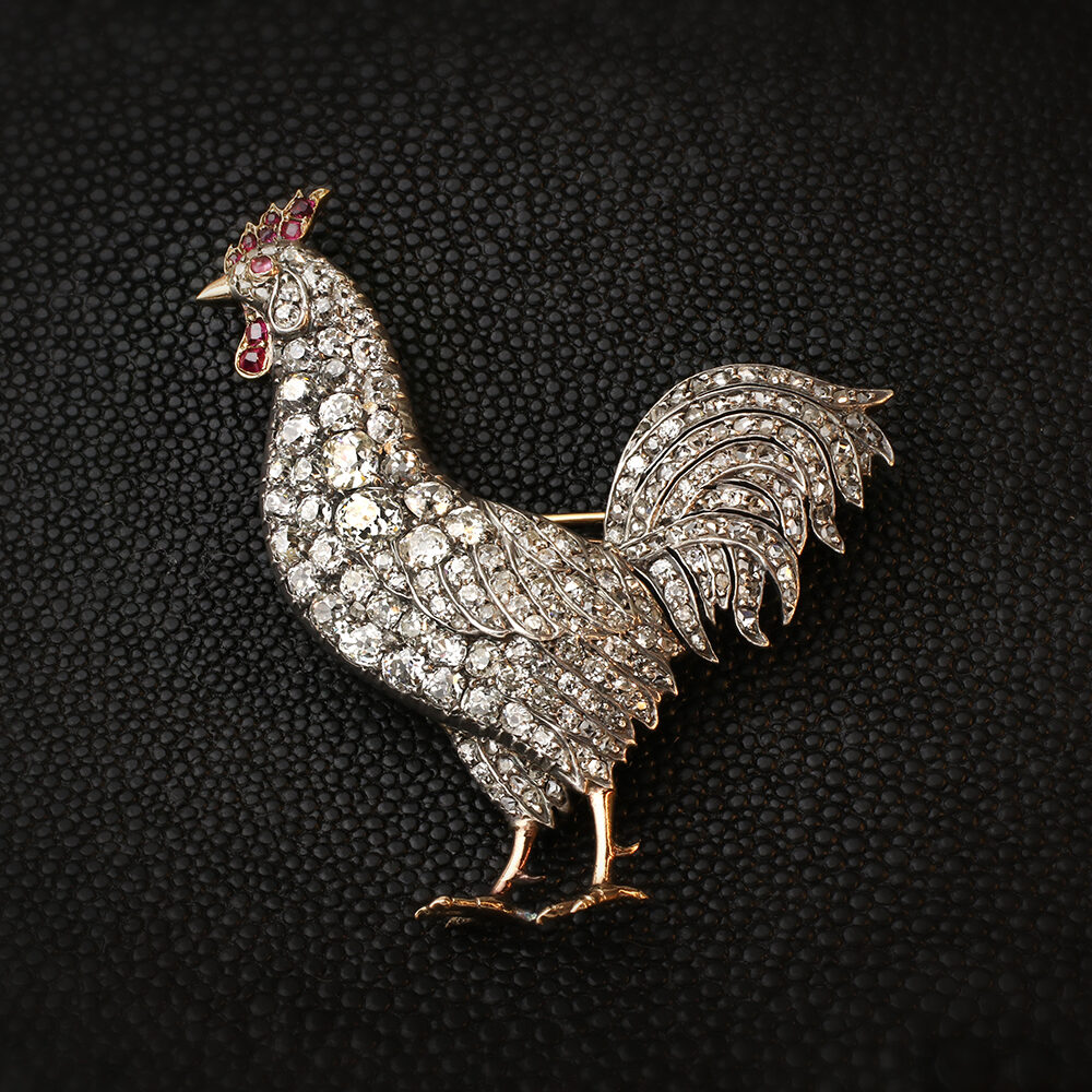 Antique Cockerel Diamond and Ruby Set Brooch