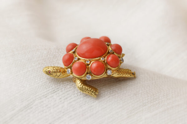 Bulgari Coral, Diamond and Gold Turtle Brooch