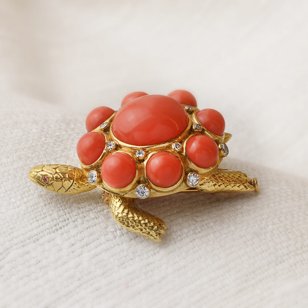 Bulgari Coral, Diamond and Gold Turtle Brooch