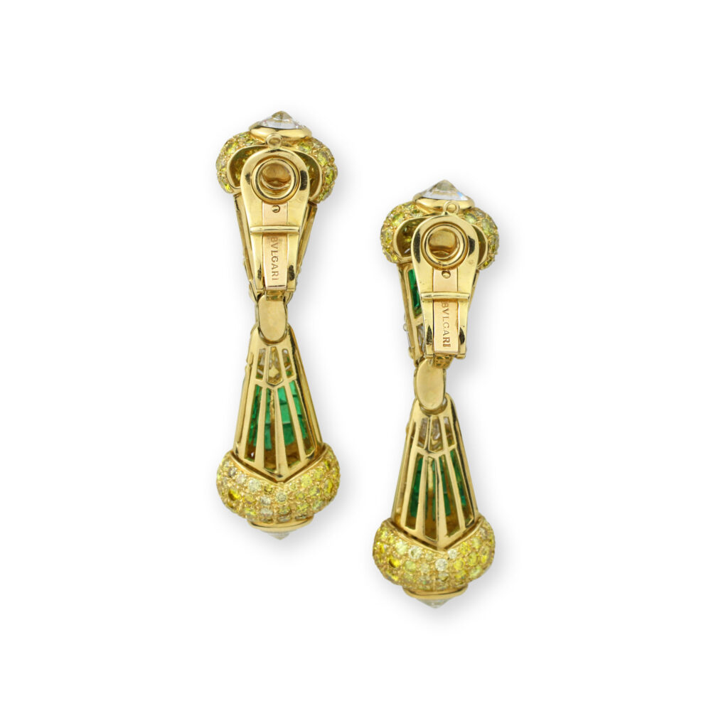 Bulgari Emerald, Diamond and Colored Diamond Ear Pendants