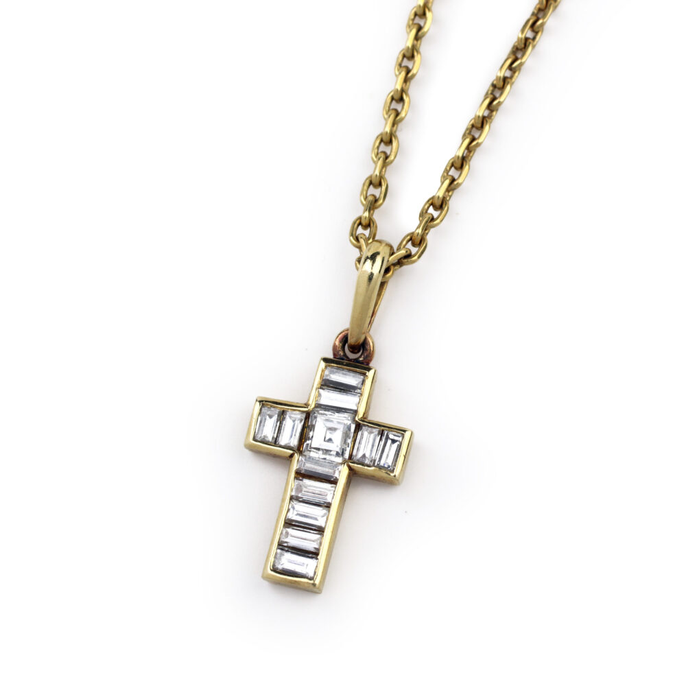 French Step Cut Diamond Set Cross Pendant Necklace