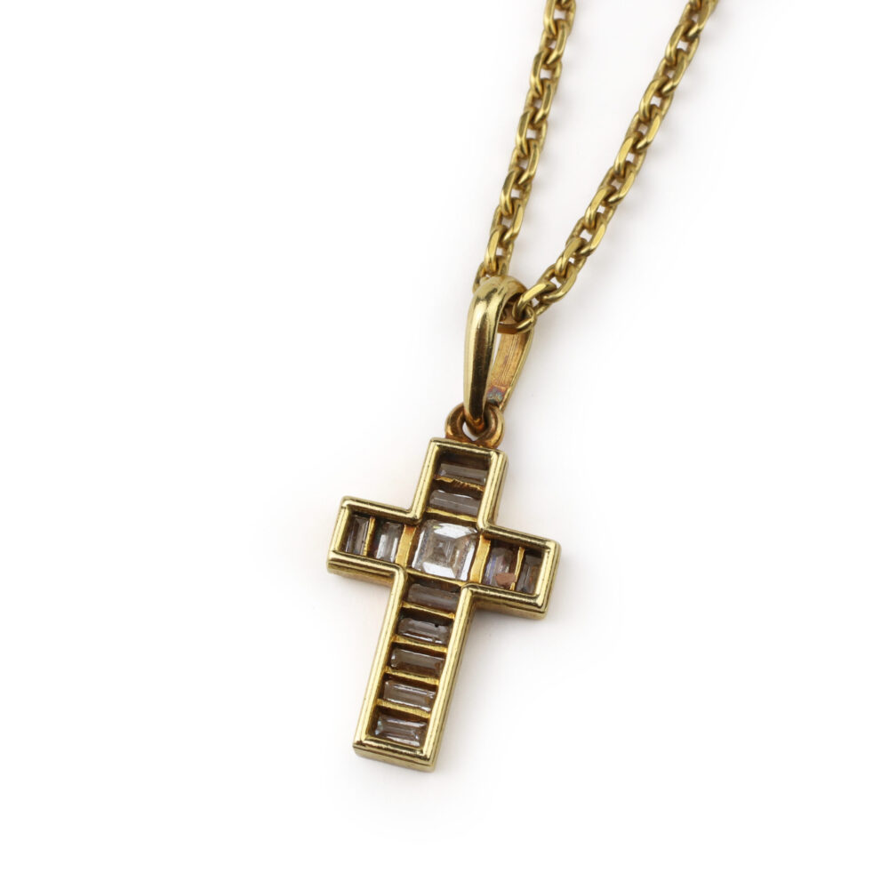 French Step Cut Diamond Set Cross Pendant Necklace