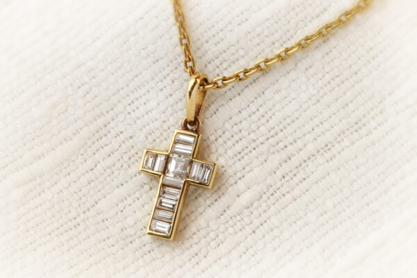 French Step Cut Diamond Set Cross Pendant Necklace