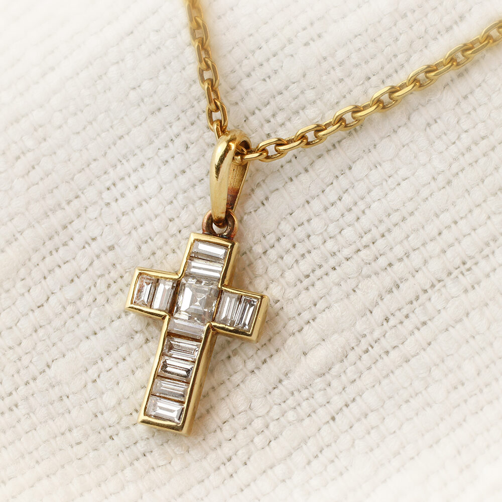 French Step Cut Diamond Set Cross Pendant Necklace