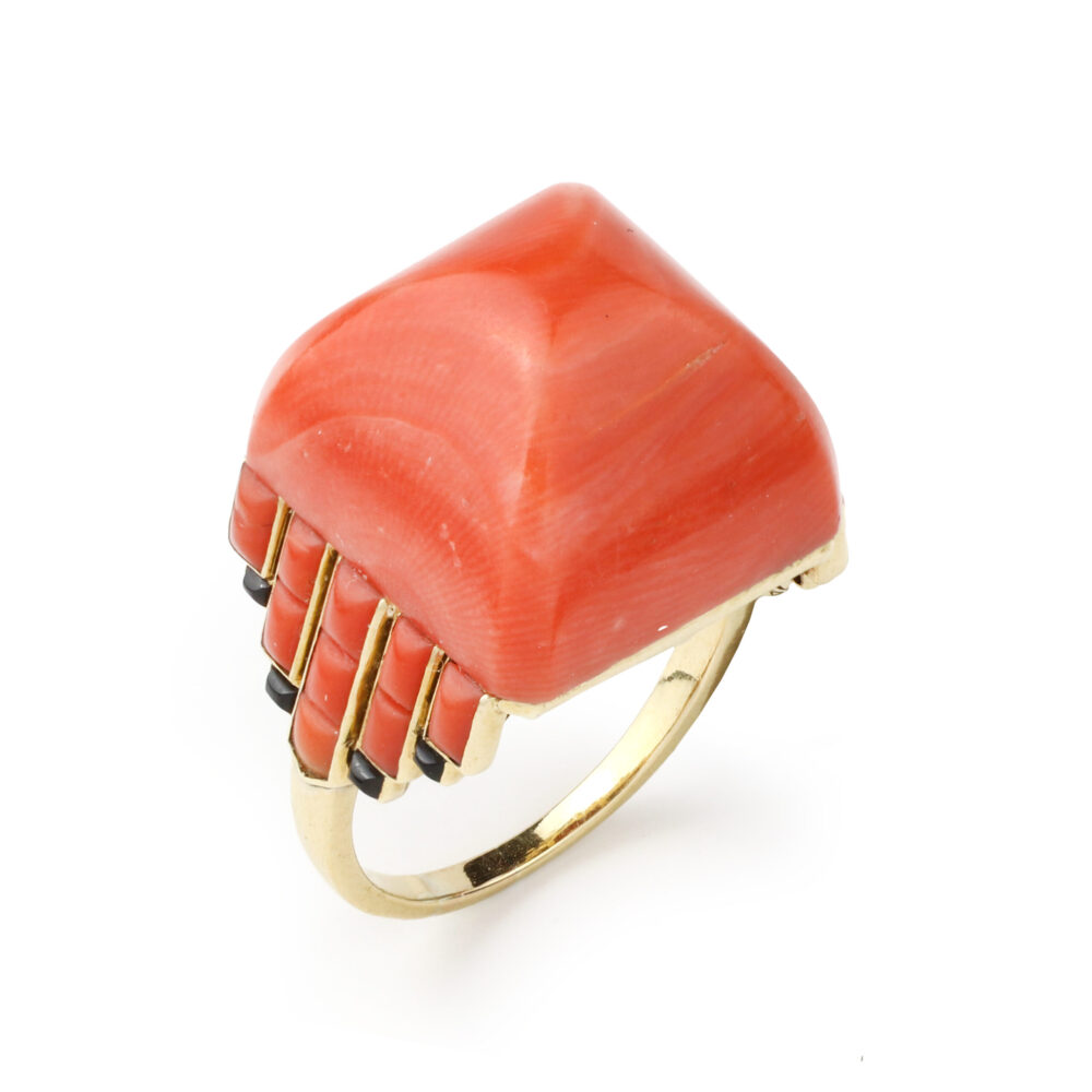 Art Deco French Coral and Onyx Ring
