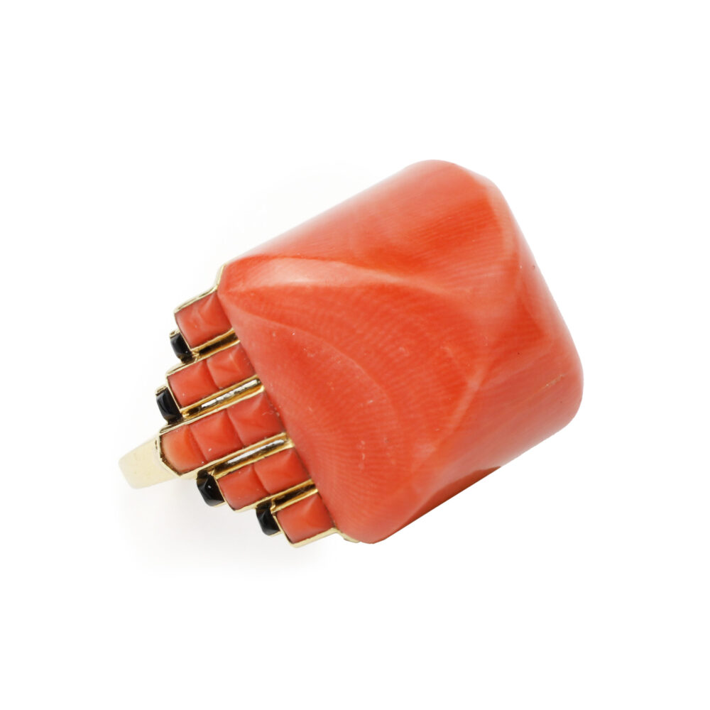 Art Deco French Coral and Onyx Ring