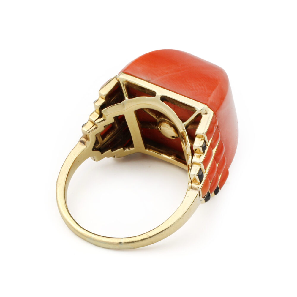Art Deco French Coral and Onyx Ring