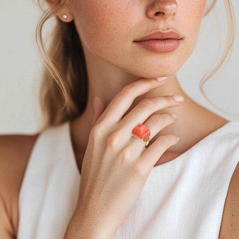 Art Deco French Coral and Onyx Ring