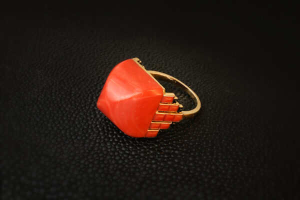 Art Deco French Coral and Onyx Ring