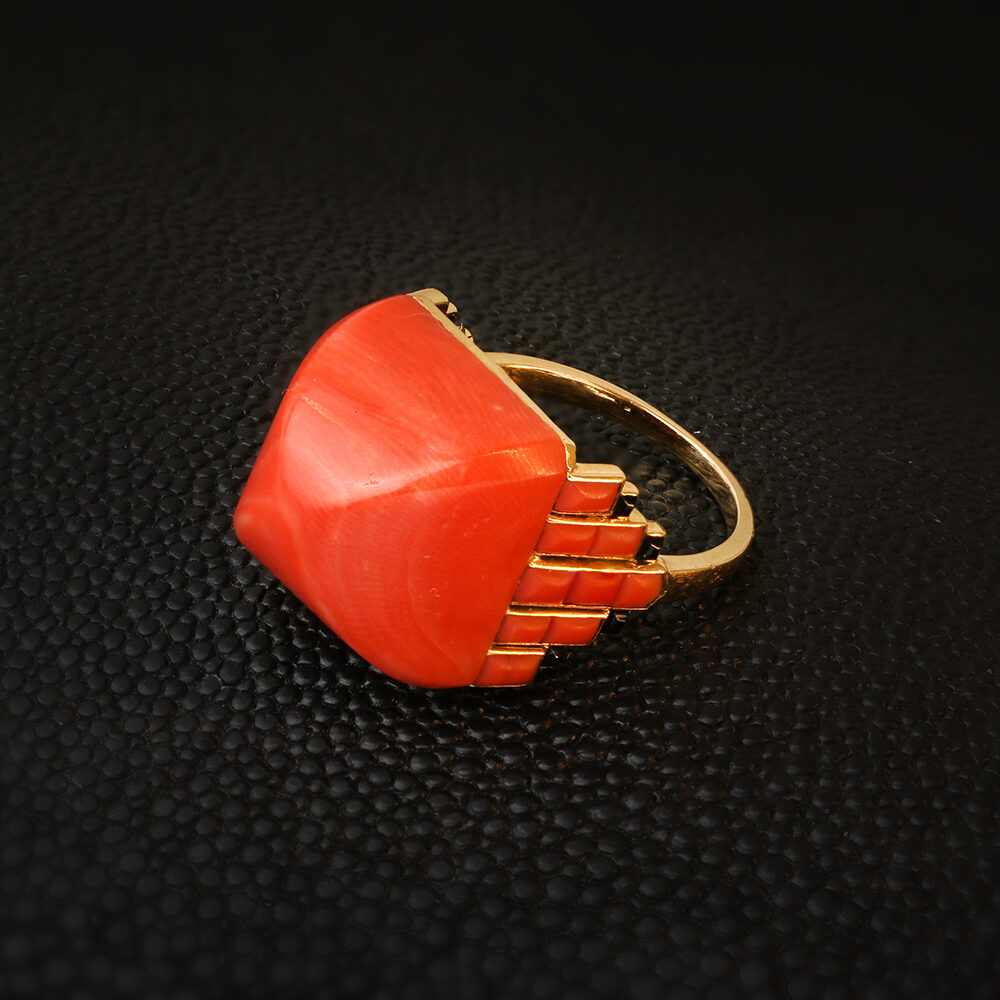 Art Deco French Coral and Onyx Ring