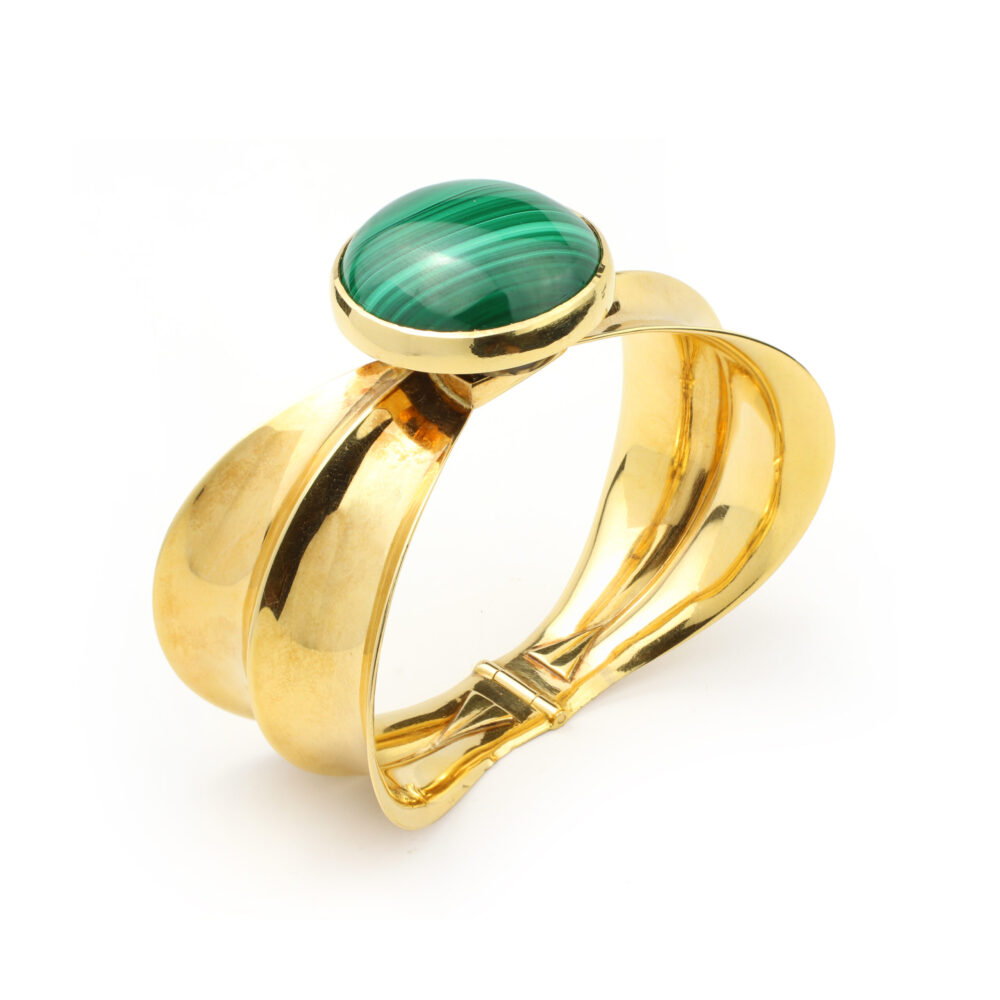 Cartier Mid-Century Malachite, Enamel and Sculpted Gold Cuff Bracelet