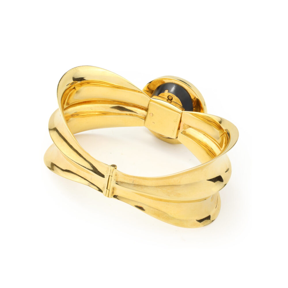 Cartier Mid-Century Malachite, Enamel and Sculpted Gold Cuff Bracelet