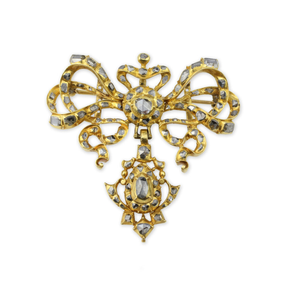Antique Old Cut Diamond Set Gold Bow Brooch