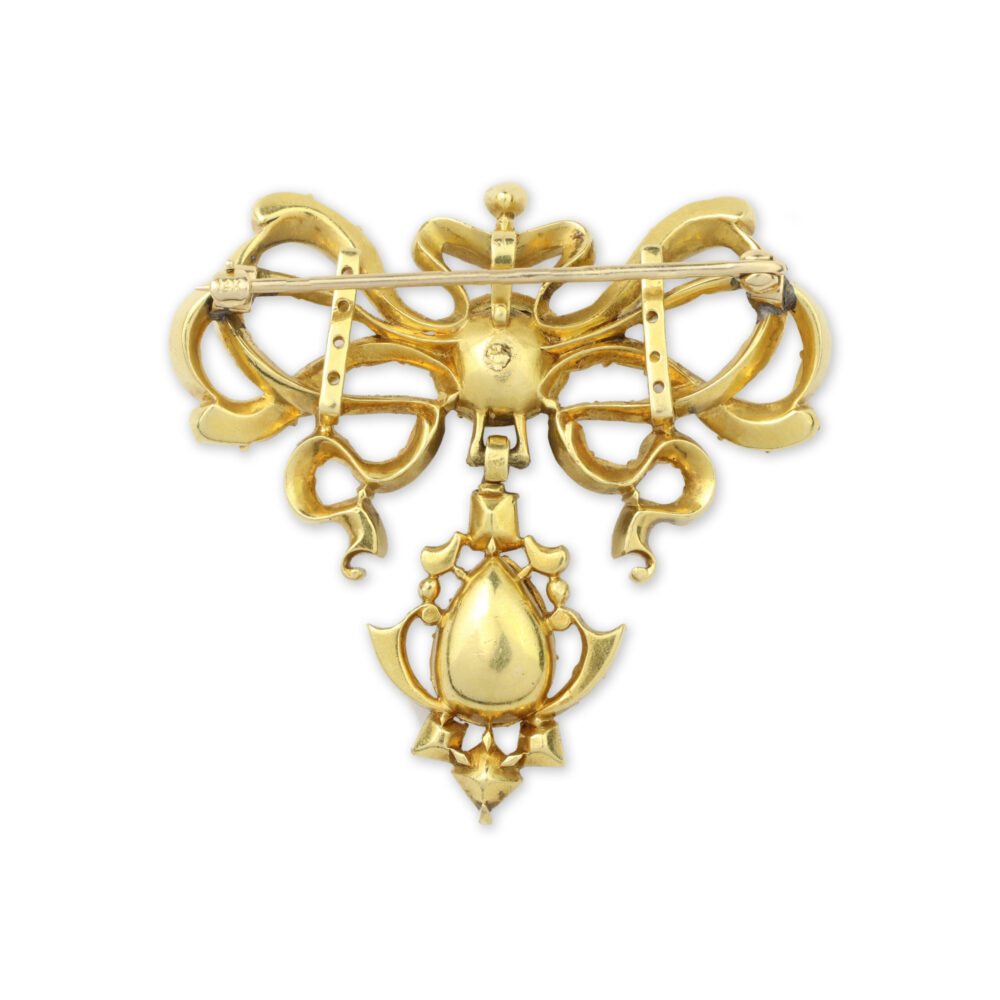 Antique Old Cut Diamond Set Gold Bow Brooch