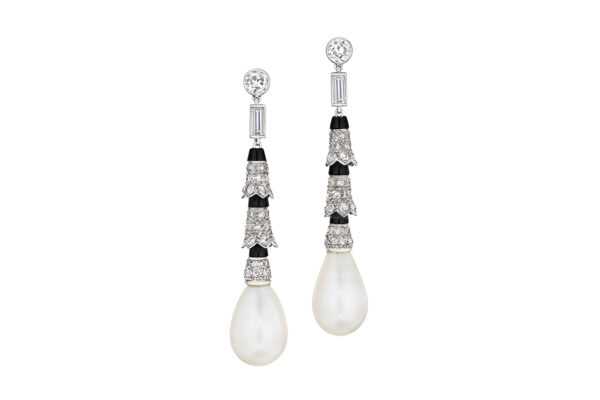 Cartier Art Deco Natural Pearl, Onyx and Diamond Ear Pendants» Price on Request «