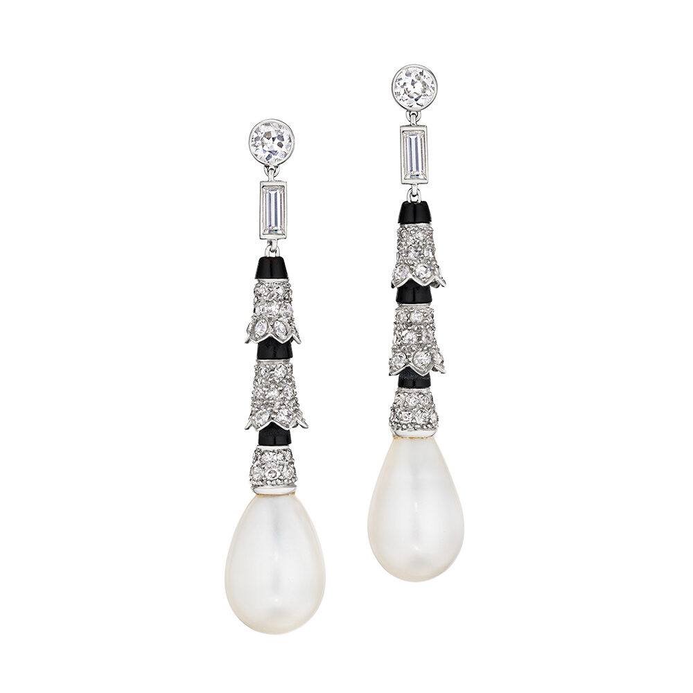 Cartier Art Deco Natural Pearl, Onyx and Diamond Ear Pendants