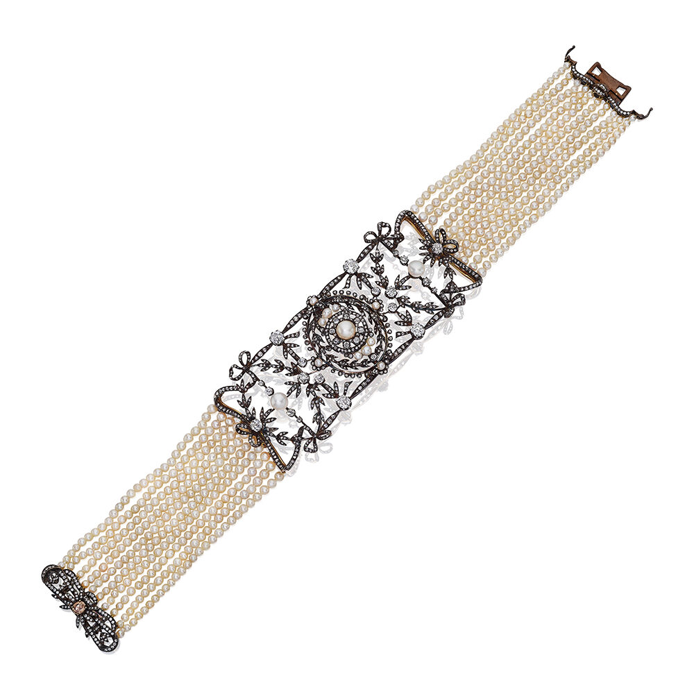 Natural Pearl, Seed Pearl and Diamond Choker Necklace