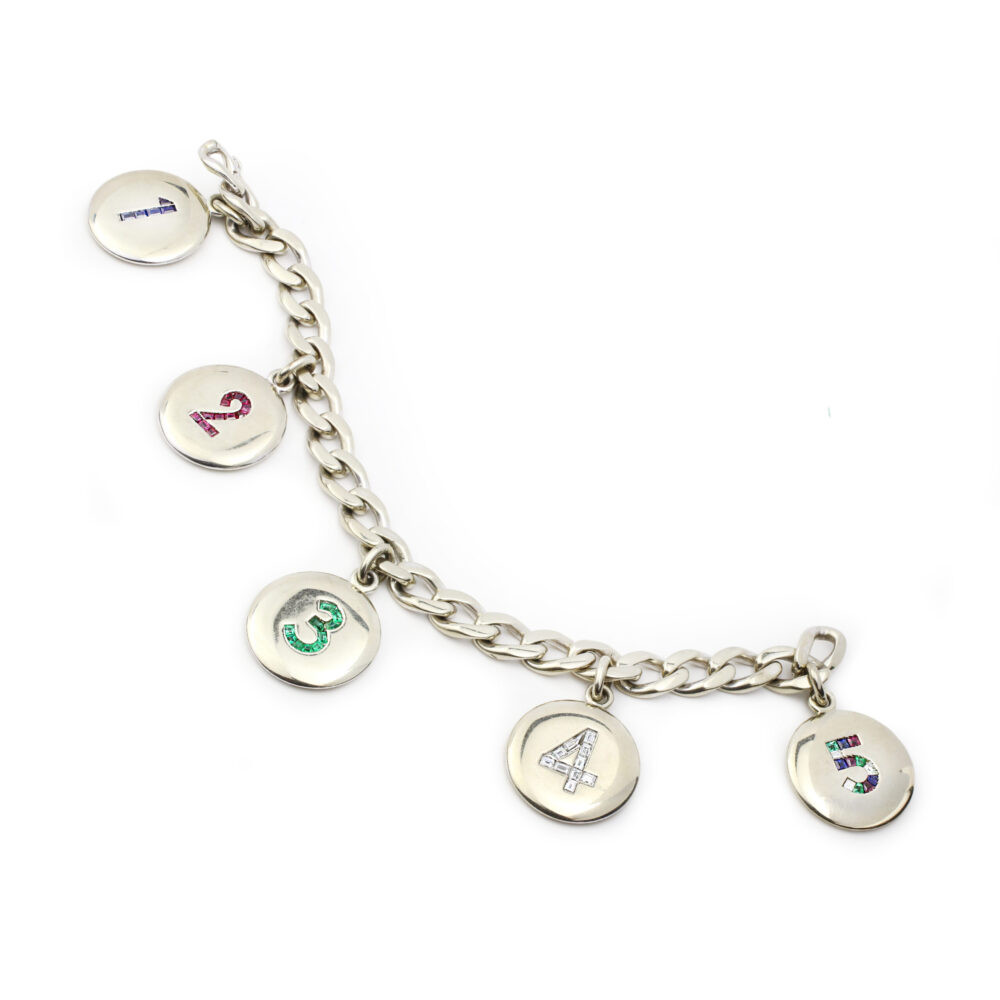 Multi Gem and White Gold 'Number' Charm Bracelet