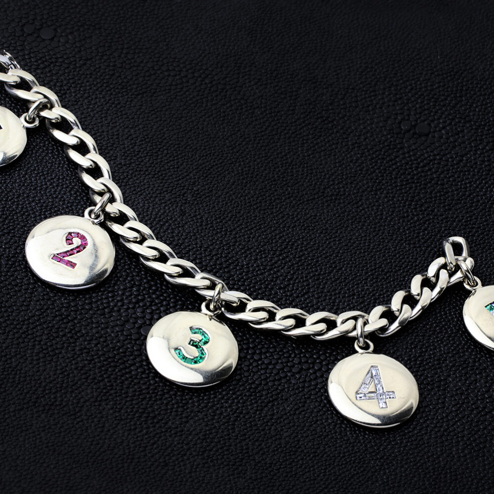 Multi Gem and White Gold 'Number' Charm Bracelet