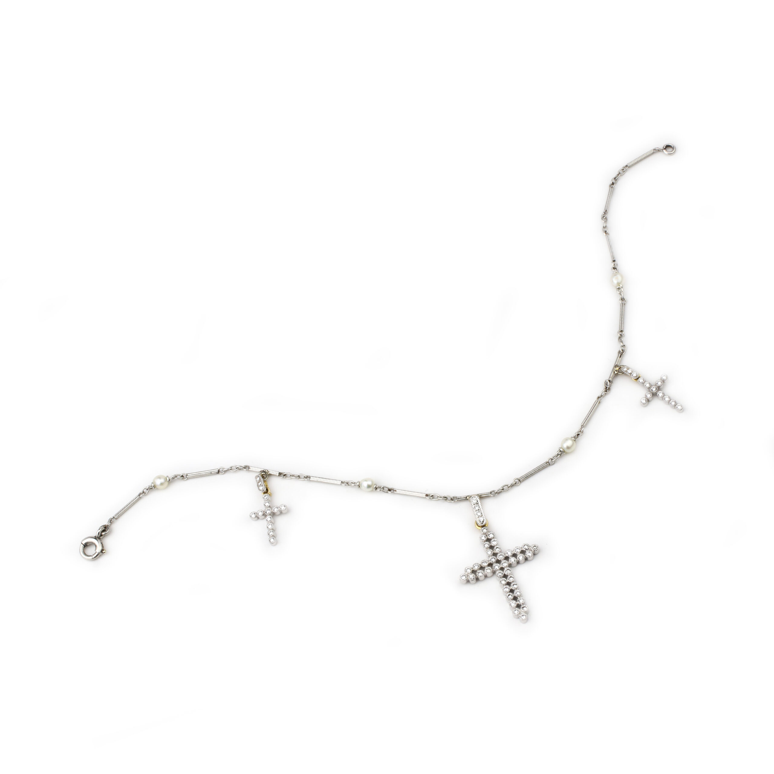 Antique Diamond, Pearl and Platinum Cross Charm Bracelet